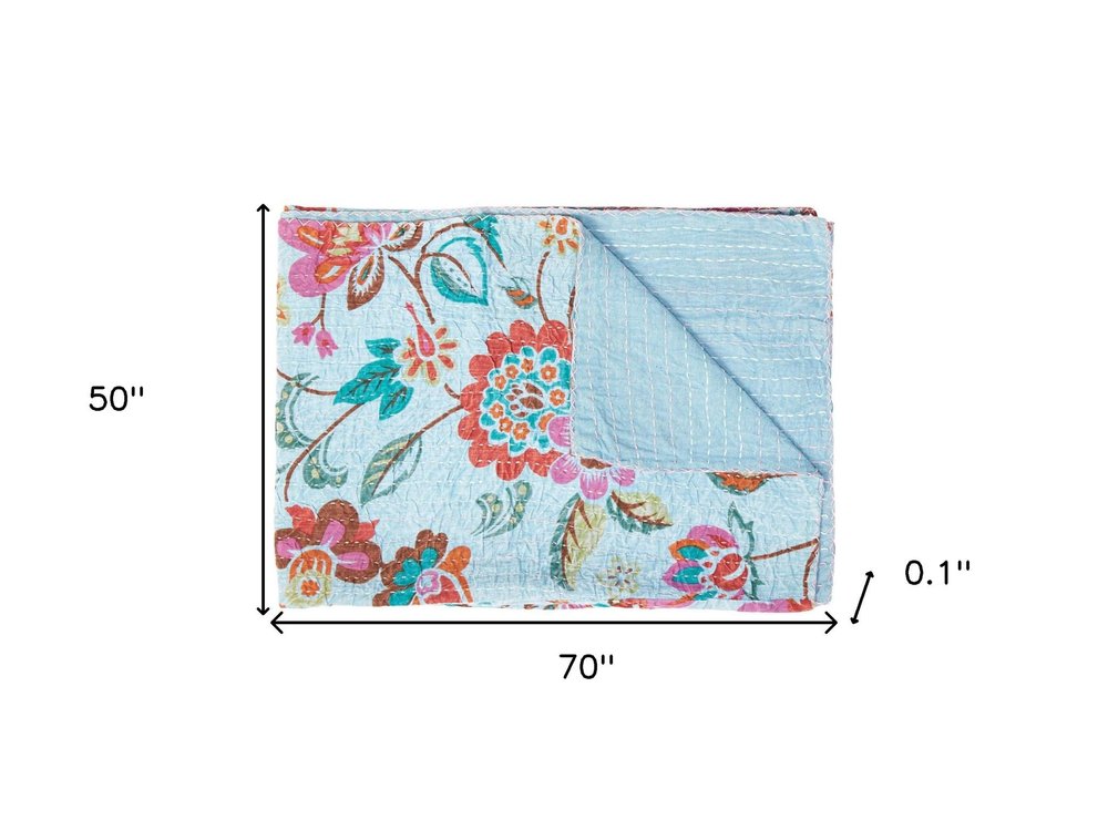 50" X 70" Blue and Brown Kantha Cotton Floral Throw Blanket with Embroidery HomeRoots