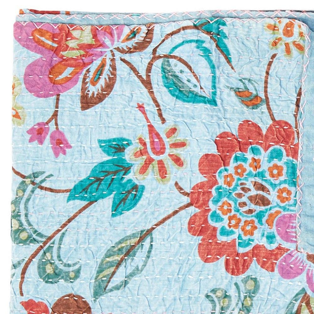 50" X 70" Blue and Brown Kantha Cotton Floral Throw Blanket with Embroidery HomeRoots