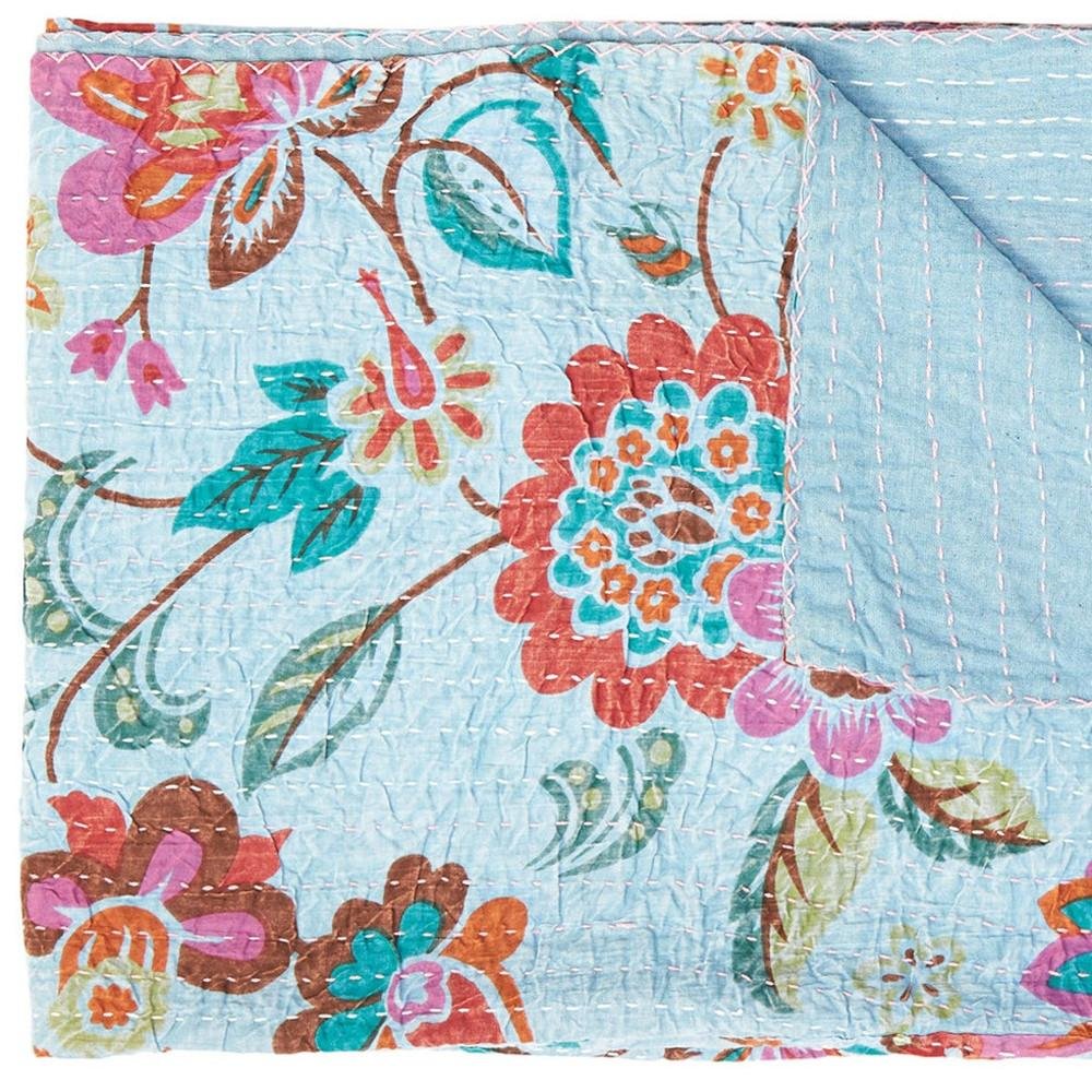 50" X 70" Blue and Brown Kantha Cotton Floral Throw Blanket with Embroidery HomeRoots