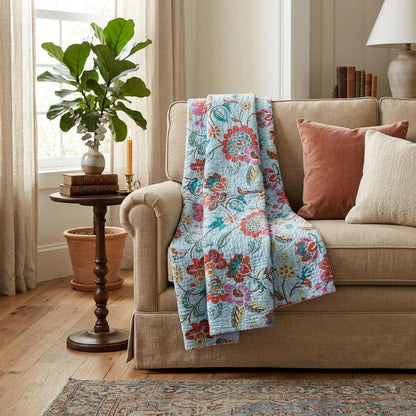50" X 70" Blue and Brown Kantha Cotton Floral Throw Blanket with Embroidery HomeRoots