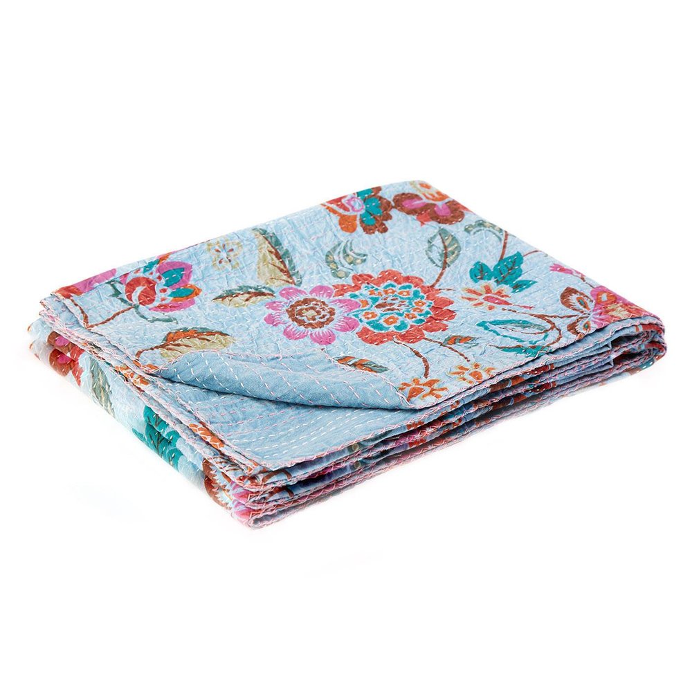 50" X 70" Blue and Brown Kantha Cotton Floral Throw Blanket with Embroidery HomeRoots