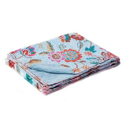 50" X 70" Blue and Brown Kantha Cotton Floral Throw Blanket with Embroidery HomeRoots