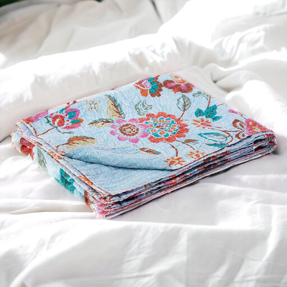 50" X 70" Pink and Red Kantha Cotton Floral Throw Blanket with Embroidery HomeRoots