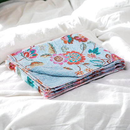 50" X 70" Pink and Red Kantha Cotton Floral Throw Blanket with Embroidery HomeRoots