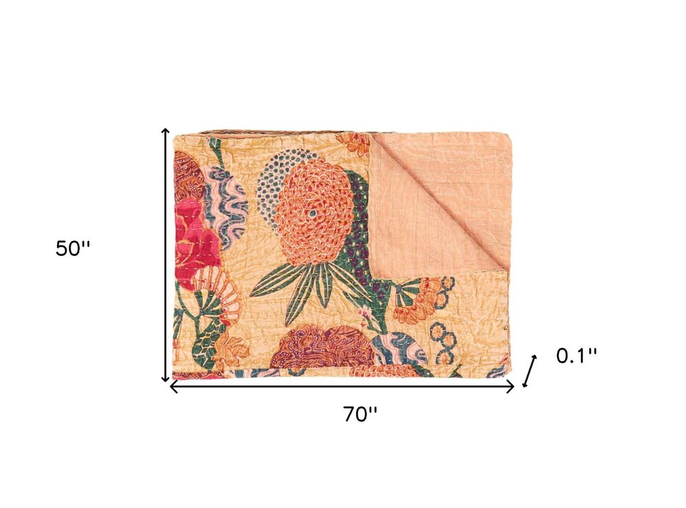 50" X 70" Orange and Red Kantha Cotton Floral Throw Blanket with Embroidery HomeRoots