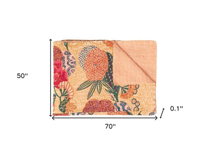 50" X 70" Orange and Red Kantha Cotton Floral Throw Blanket with Embroidery HomeRoots