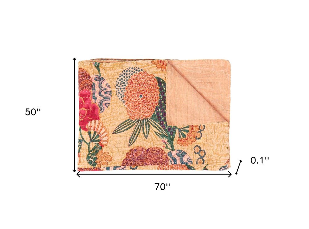 50" X 70" Orange and Red Kantha Cotton Floral Throw Blanket with Embroidery HomeRoots