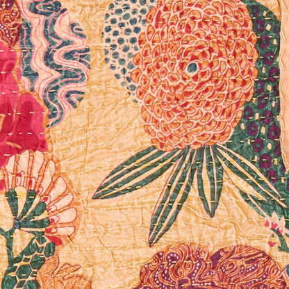 50" X 70" Orange and Red Kantha Cotton Floral Throw Blanket with Embroidery HomeRoots