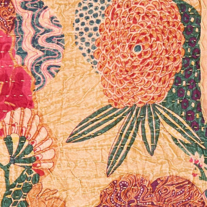 50" X 70" Orange and Red Kantha Cotton Floral Throw Blanket with Embroidery HomeRoots