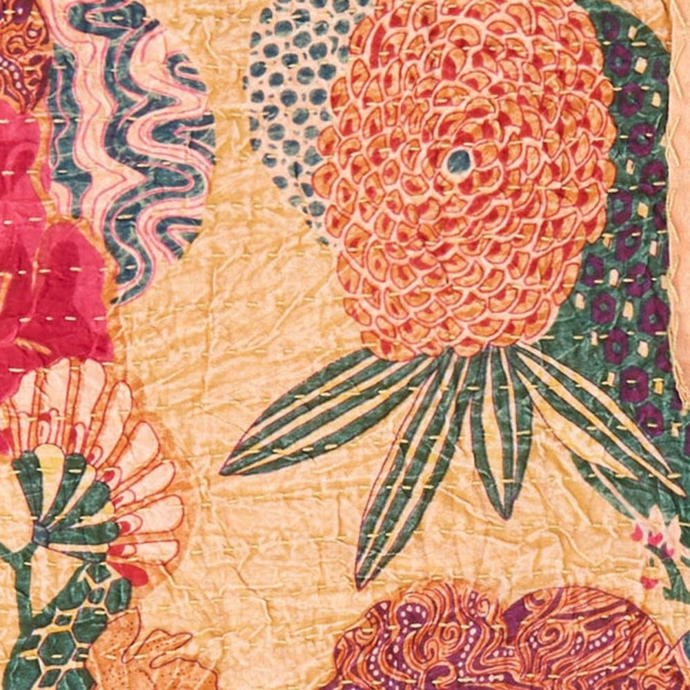 50" X 70" Orange and Red Kantha Cotton Floral Throw Blanket with Embroidery HomeRoots