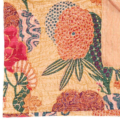50" X 70" Orange and Red Kantha Cotton Floral Throw Blanket with Embroidery HomeRoots