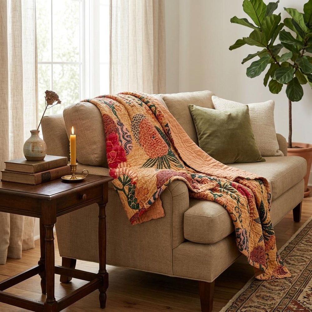 50" X 70" Orange and Red Kantha Cotton Floral Throw Blanket with Embroidery HomeRoots