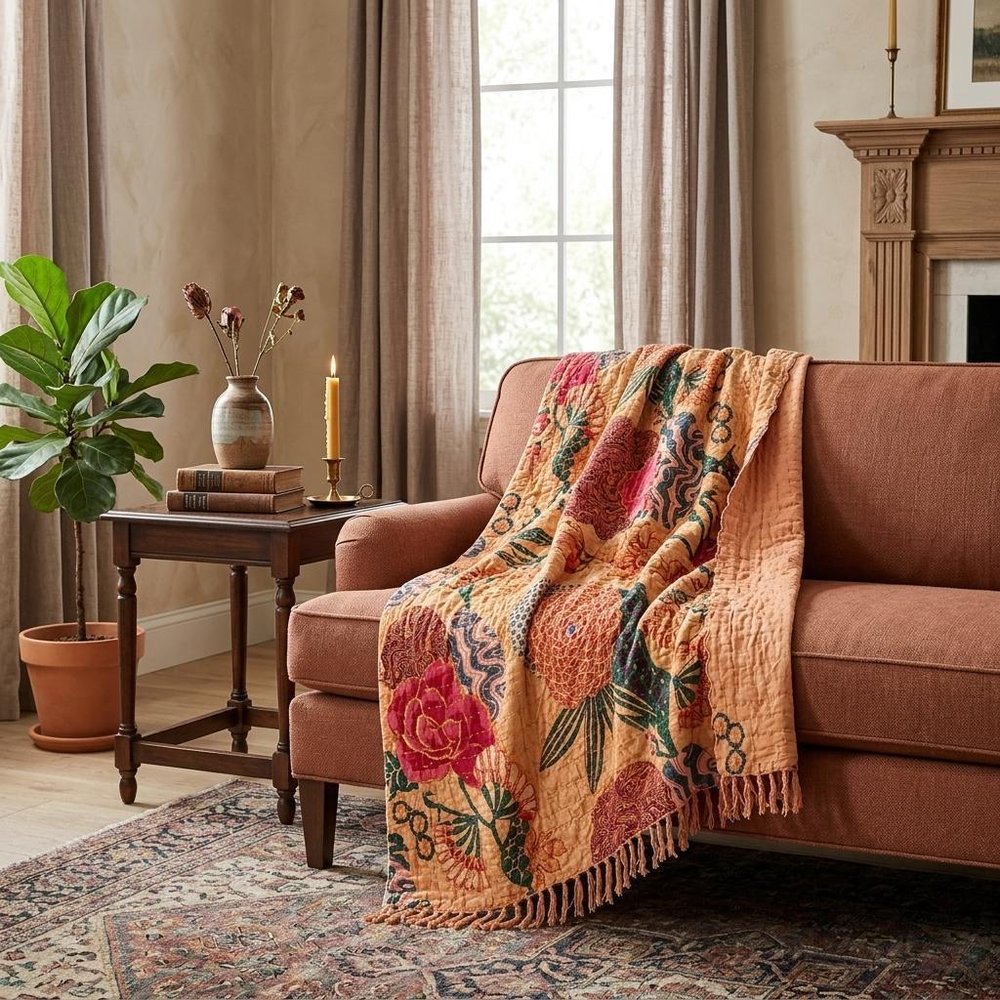 50" X 70" Orange and Red Kantha Cotton Floral Throw Blanket with Embroidery HomeRoots