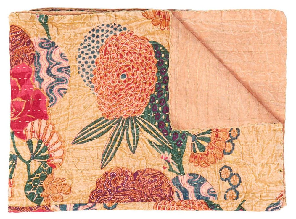 50" X 70" Orange and Red Kantha Cotton Floral Throw Blanket with Embroidery HomeRoots