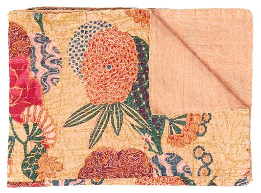 50" X 70" Orange and Red Kantha Cotton Floral Throw Blanket with Embroidery HomeRoots