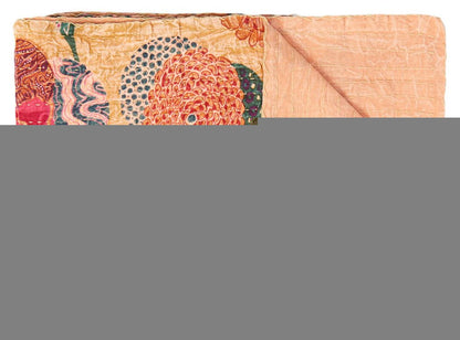 50" X 70" Orange and Red Kantha Cotton Floral Throw Blanket with Embroidery HomeRoots
