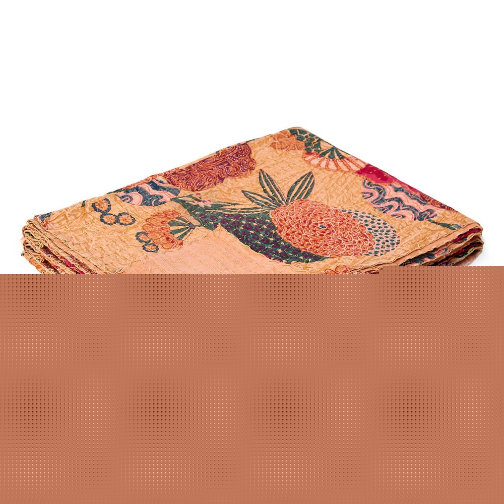 50" X 70" Orange and Red Kantha Cotton Floral Throw Blanket with Embroidery HomeRoots