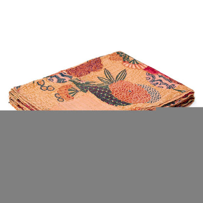 50" X 70" Orange and Red Kantha Cotton Floral Throw Blanket with Embroidery HomeRoots