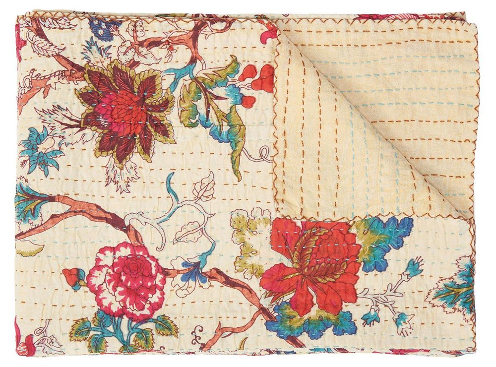 50" X 70" Yellow and Red Kantha Cotton Floral Throw Blanket with Embroidery — view 1