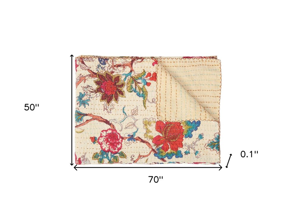 50" X 70" Green and Pink Kantha Cotton Abstract Throw Blanket with Embroidery HomeRoots