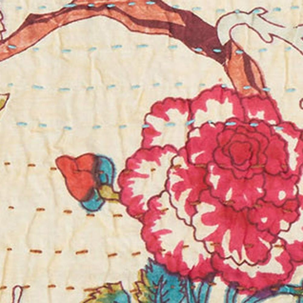 50" X 70" Yellow and Red Kantha Cotton Floral Throw Blanket with Embroidery HomeRoots