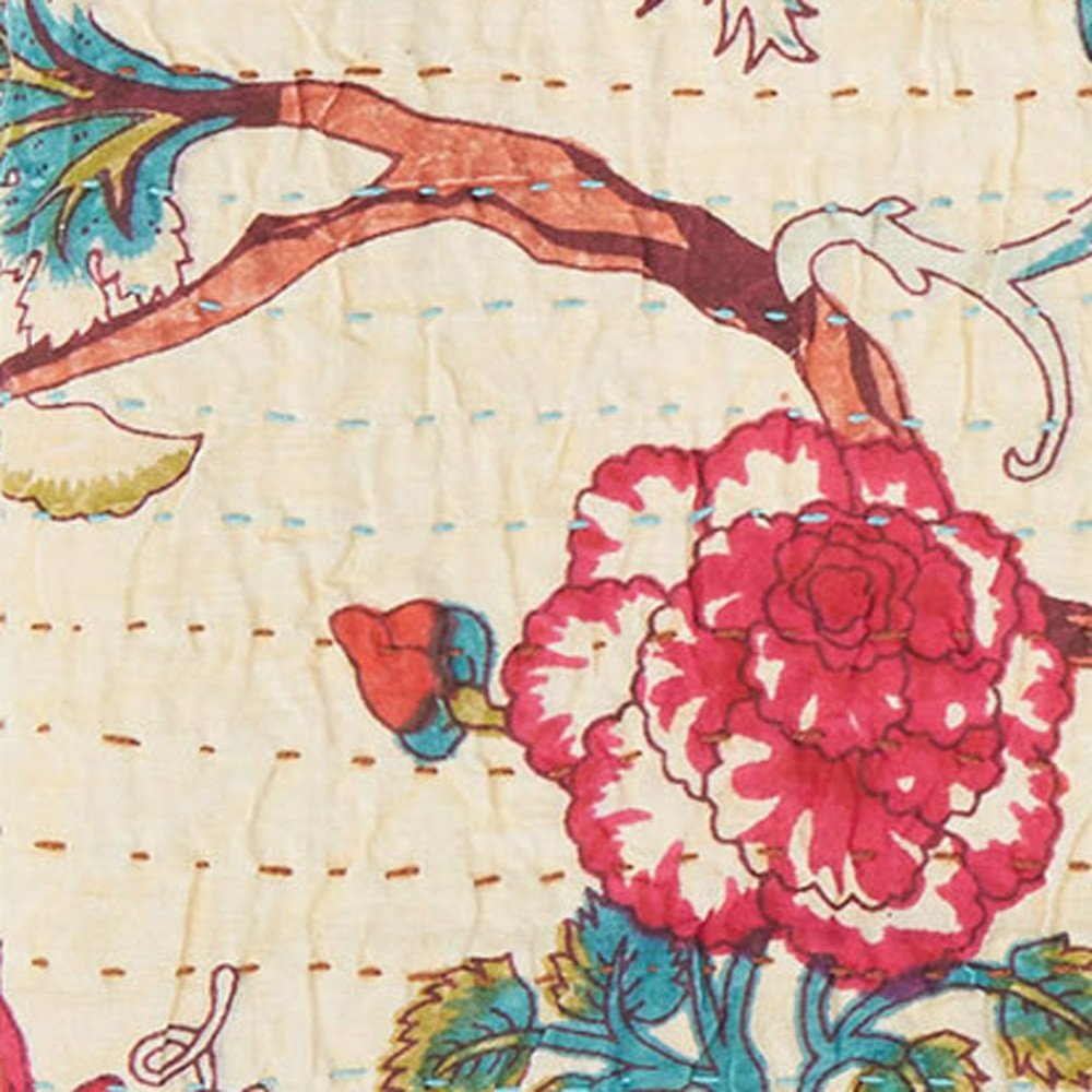 50" X 70" Green and Pink Kantha Cotton Abstract Throw Blanket with Embroidery HomeRoots