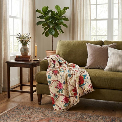 50" X 70" Green and Pink Kantha Cotton Abstract Throw Blanket with Embroidery HomeRoots