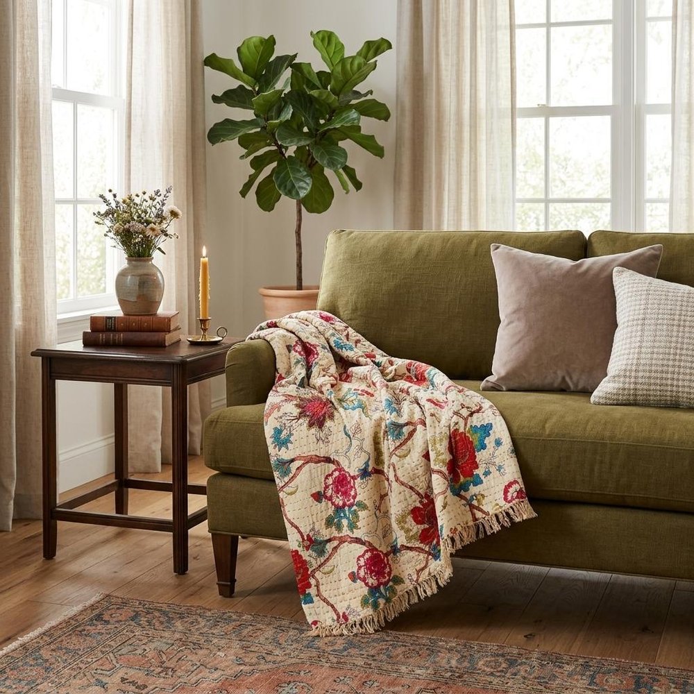 50" X 70" Green and Pink Kantha Cotton Abstract Throw Blanket with Embroidery HomeRoots