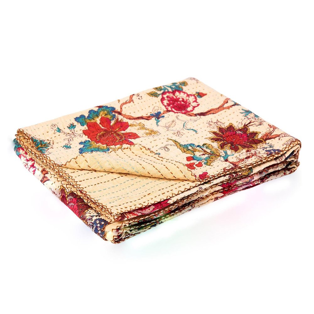 50" X 70" Yellow and Red Kantha Cotton Floral Throw Blanket with Embroidery — view 2