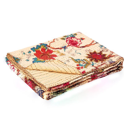 50" X 70" Green and Pink Kantha Cotton Abstract Throw Blanket with Embroidery HomeRoots