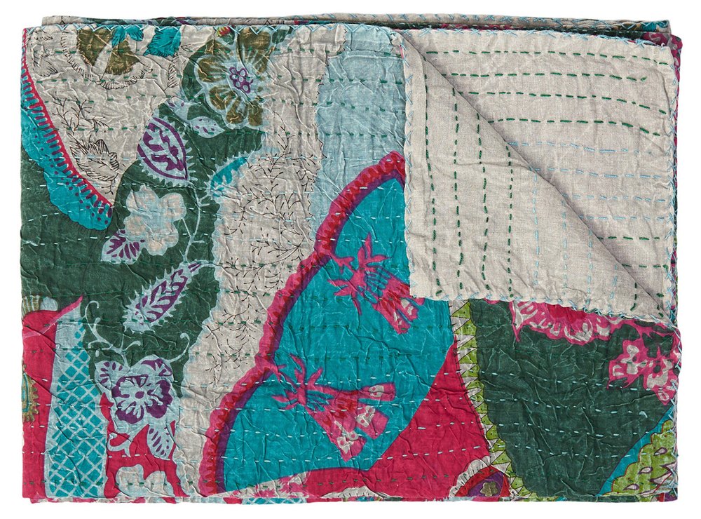 50" X 70" Green and Pink Kantha Cotton Abstract Throw Blanket with Embroidery HomeRoots