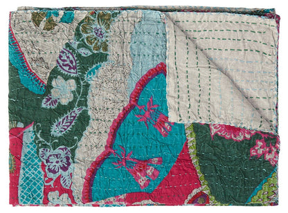 50" X 70" Green and Pink Kantha Cotton Abstract Throw Blanket with Embroidery HomeRoots