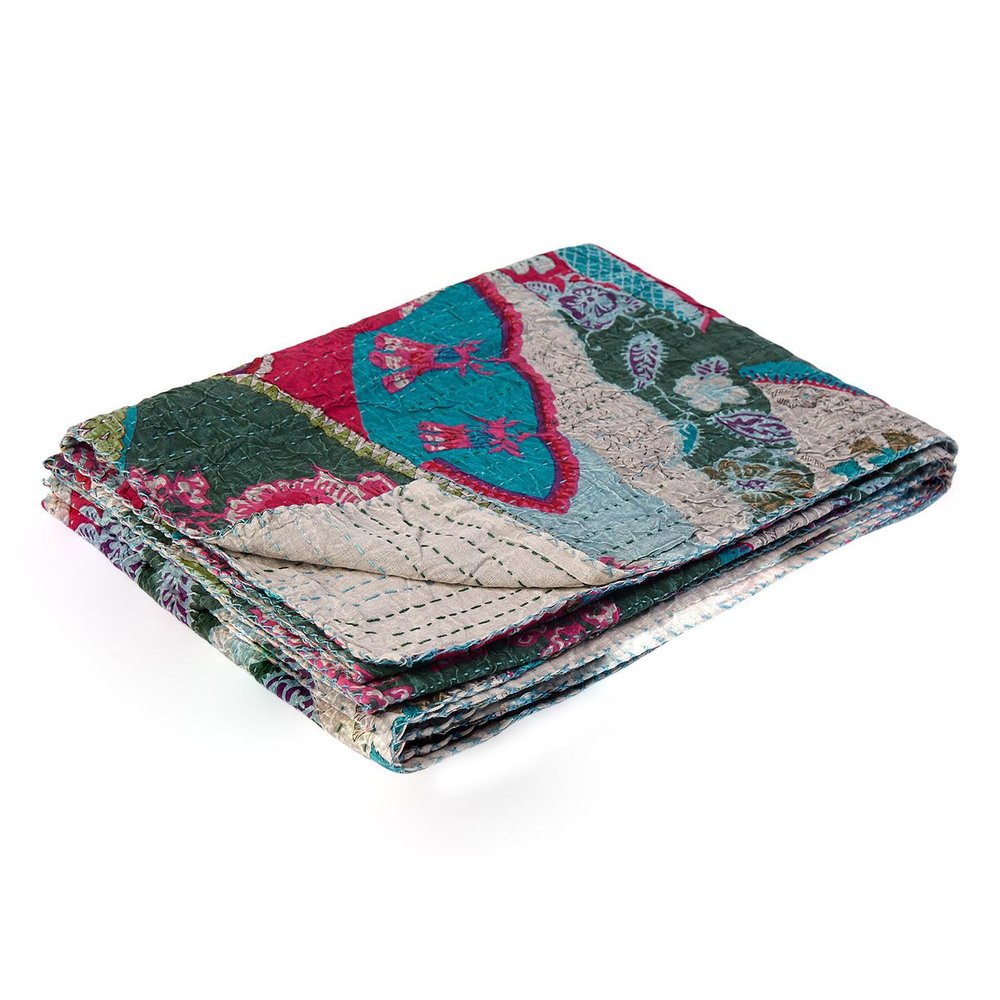 50" X 70" Green and Pink Kantha Cotton Abstract Throw Blanket with Embroidery HomeRoots
