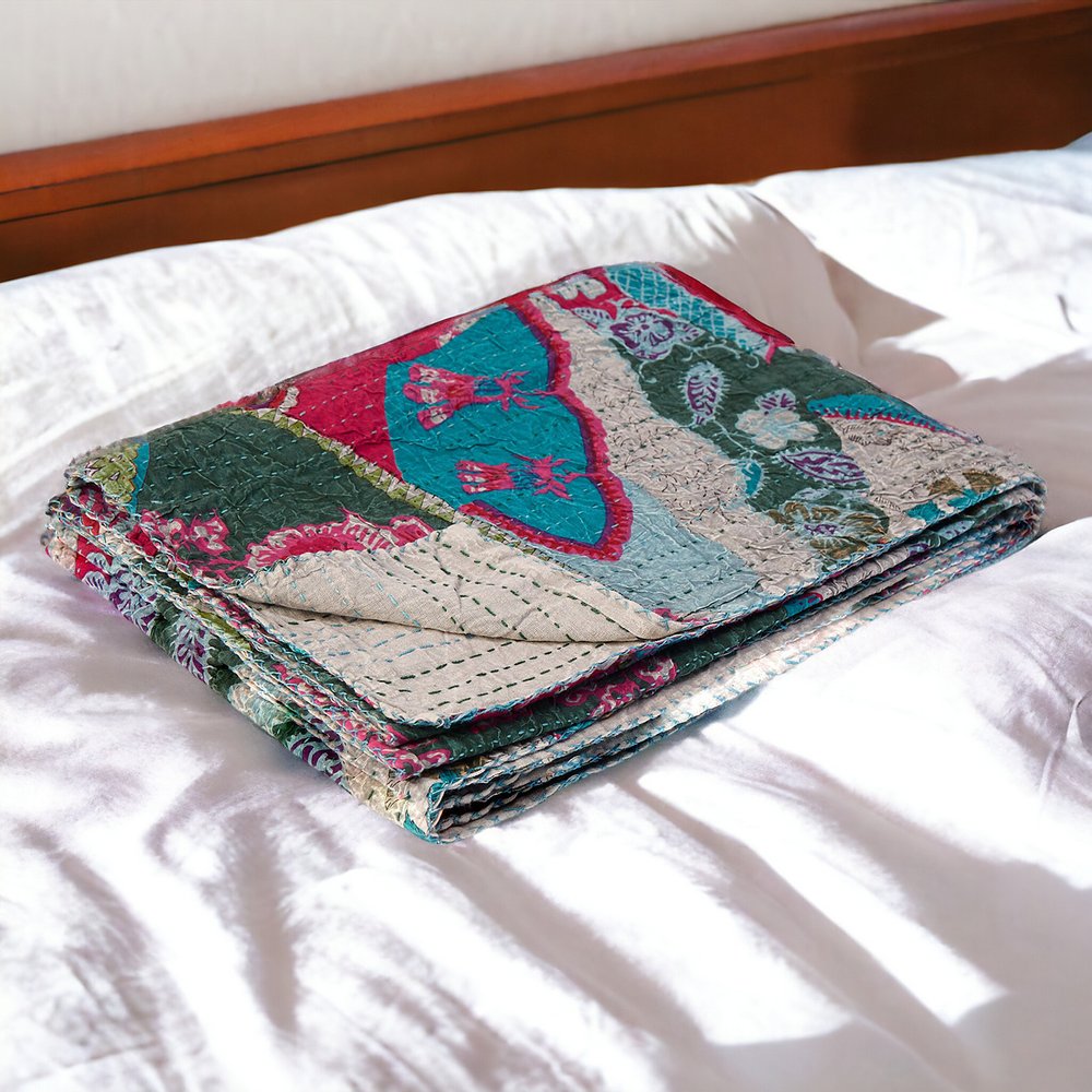 50" X 70" Green and Pink Kantha Cotton Abstract Throw Blanket with Embroidery HomeRoots