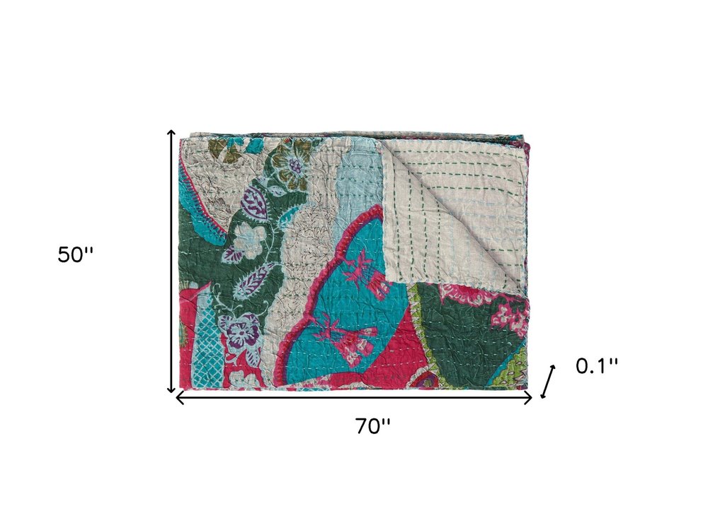 50" X 70" Green and Pink Kantha Cotton Abstract Throw Blanket with Embroidery HomeRoots