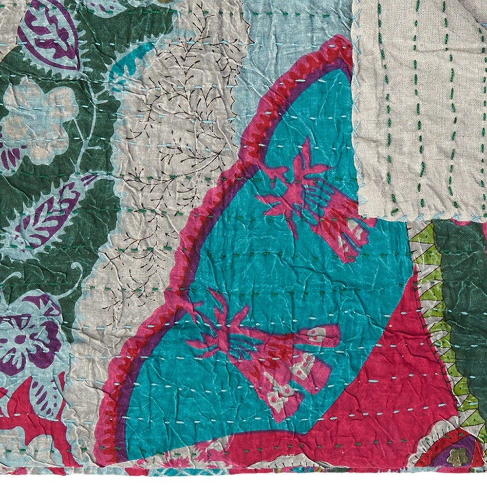 50" X 70" Green and Pink Kantha Cotton Abstract Throw Blanket with Embroidery HomeRoots