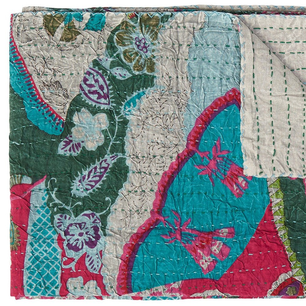 50" X 70" Green and Pink Kantha Cotton Abstract Throw Blanket with Embroidery HomeRoots