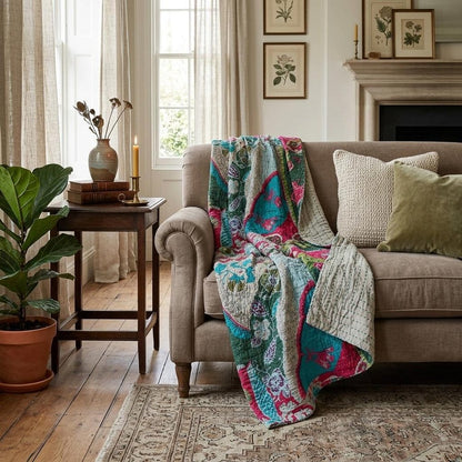 50" X 70" Green and Pink Kantha Cotton Abstract Throw Blanket with Embroidery HomeRoots