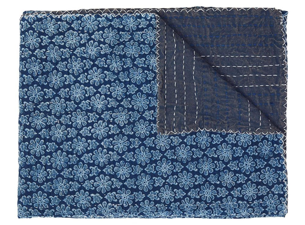 50" X 70" Blue Kantha Cotton Floral Throw Blanket with Embroidery — view 1