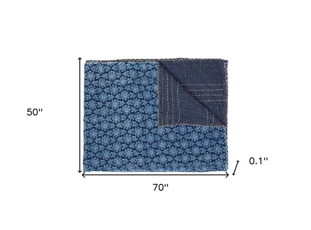 50" X 70" Blue Kantha Cotton Floral Throw Blanket with Embroidery HomeRoots