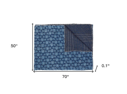 50" X 70" Blue Kantha Cotton Floral Throw Blanket with Embroidery HomeRoots