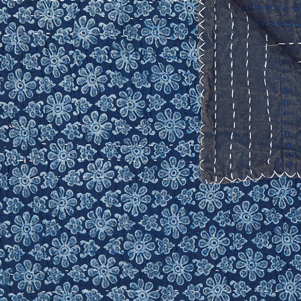 50" X 70" Blue Kantha Cotton Floral Throw Blanket with Embroidery HomeRoots