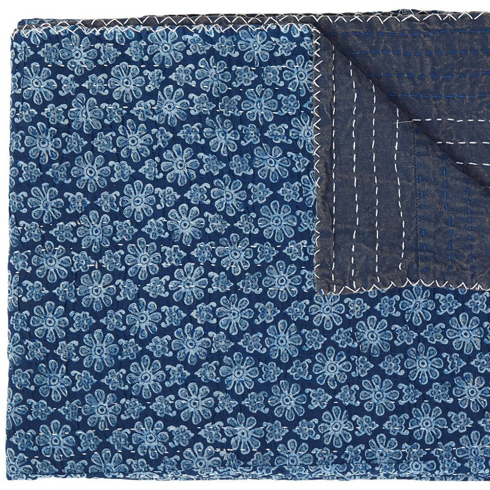 50" X 70" Blue Kantha Cotton Floral Throw Blanket with Embroidery HomeRoots