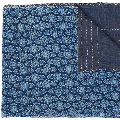 50" X 70" Blue Kantha Cotton Floral Throw Blanket with Embroidery HomeRoots