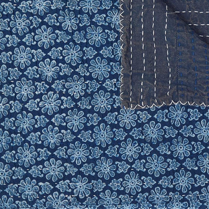 50" X 70" Blue Kantha Cotton Floral Throw Blanket with Embroidery