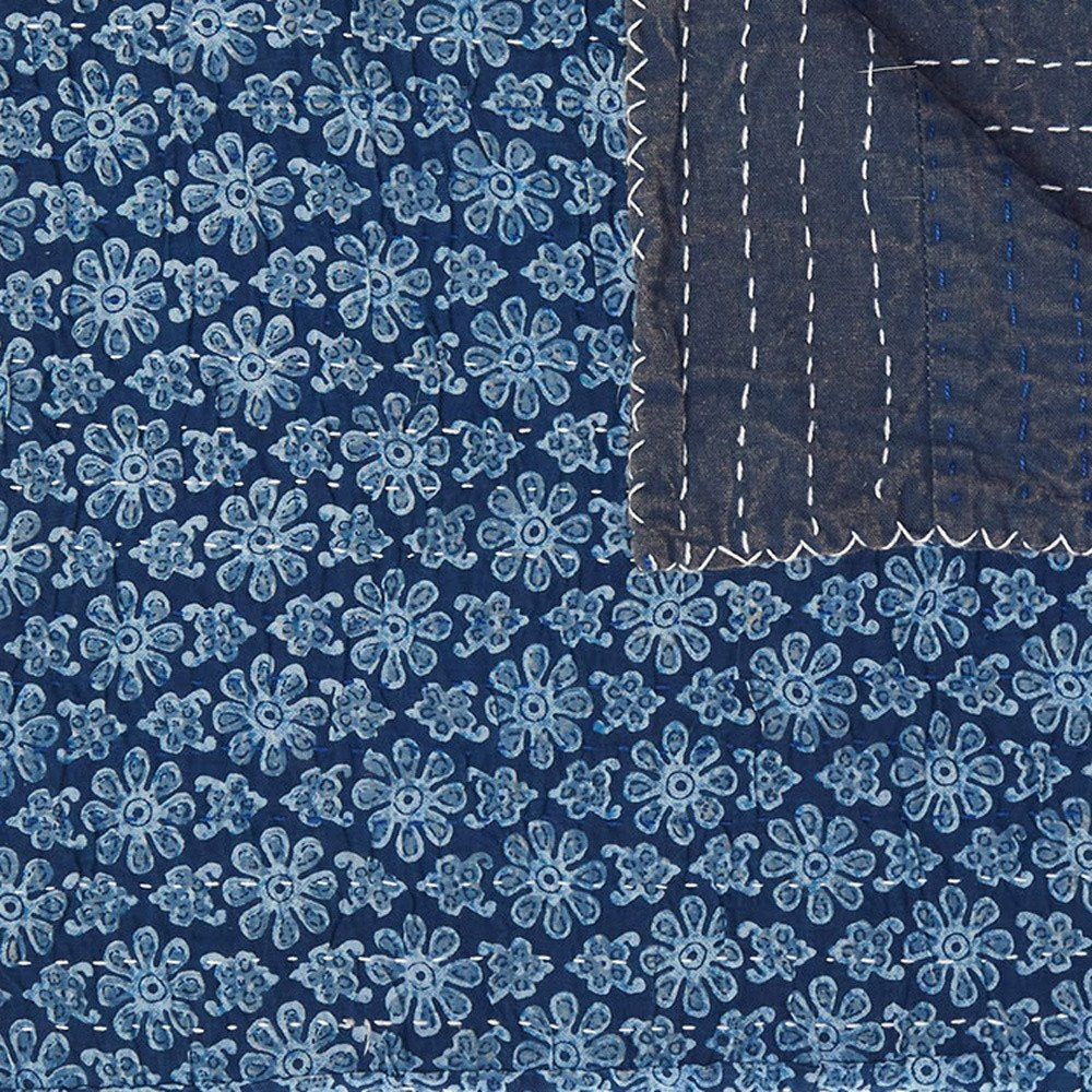 50" X 70" Blue Kantha Cotton Floral Throw Blanket with Embroidery HomeRoots