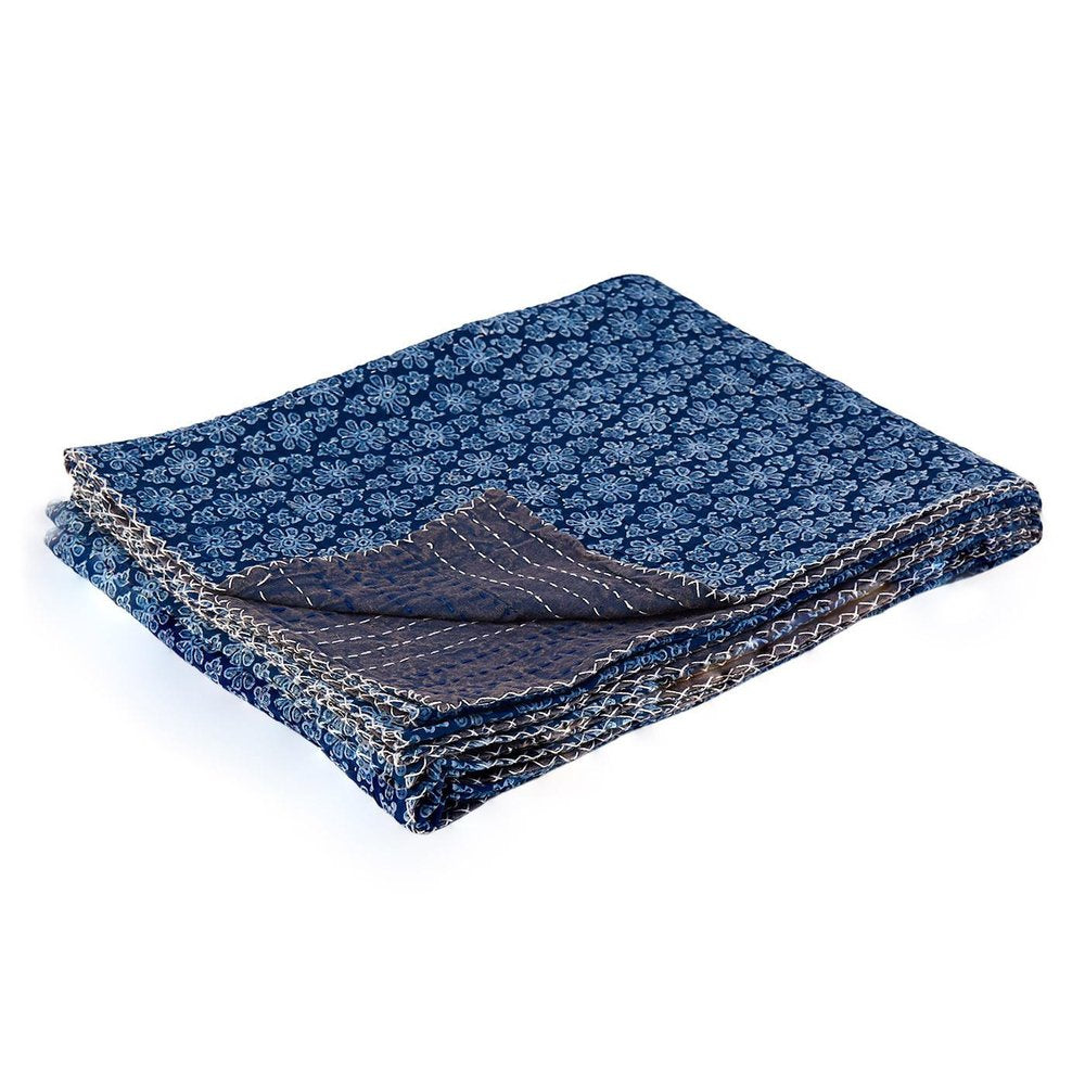 50" X 70" Blue Kantha Cotton Floral Throw Blanket with Embroidery HomeRoots
