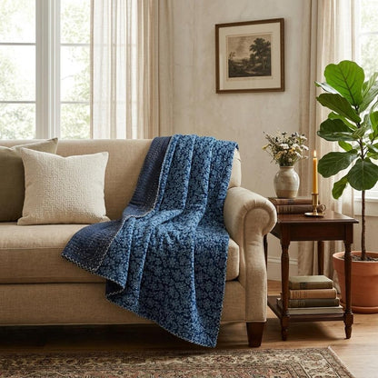 50" X 70" Blue Kantha Cotton Floral Throw Blanket with Embroidery HomeRoots