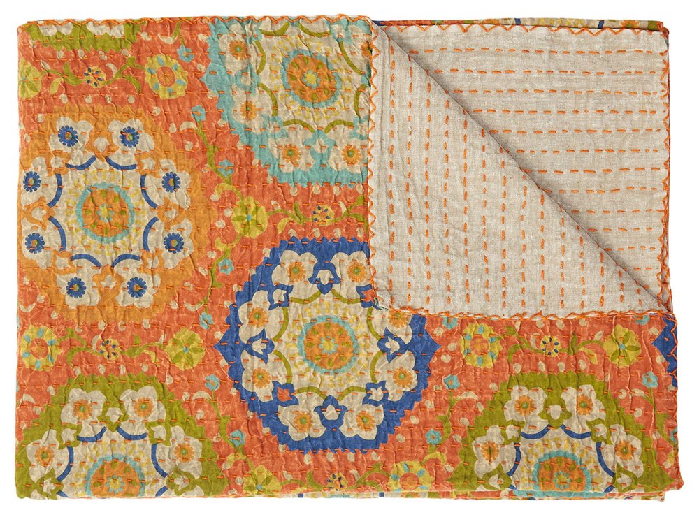 50" X 70" Blue Kantha Cotton Floral Throw Blanket with Embroidery HomeRoots