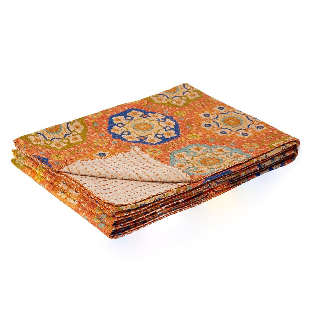 50" X 70" Blue Kantha Cotton Floral Throw Blanket with Embroidery HomeRoots